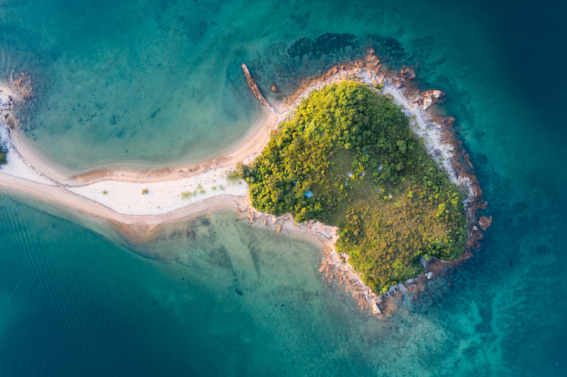 An aerial shot of seascape with island, Hong Kong