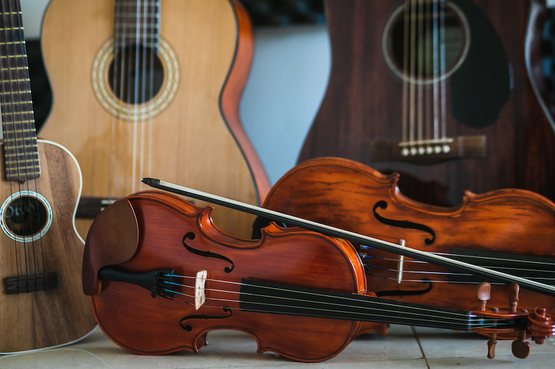 A closeup shot of different musical string instruments for a school of music