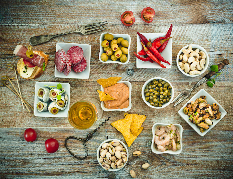 National Spanish tapas on a wooden background