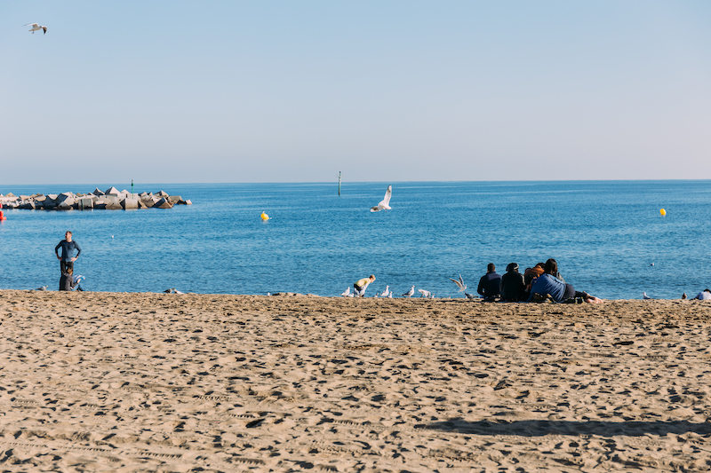 scenic view of sea and people sitting on beach