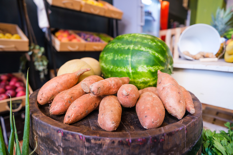 sweet potatoes in a store