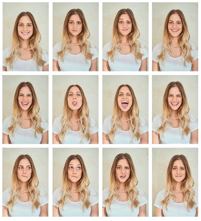 Composite shot of a young woman making various facial expressions in studio.